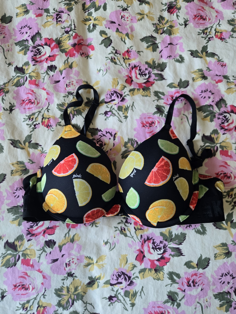 PINK Victoria's Secret Black Bra with Citrus Print